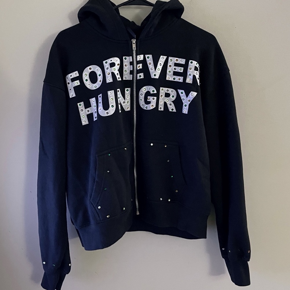 Forever Hungry Embellished Black Zip Hoodie Casual Streetwear Skater Goth Emo